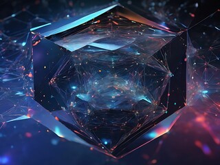 Create a holographic representation of a cybernetic network, abstracted into geometric forms and patterns that convey the interconnectedness and complexity of digital systems.
