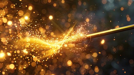 3d render of golden magic wand with glittering particles on black background