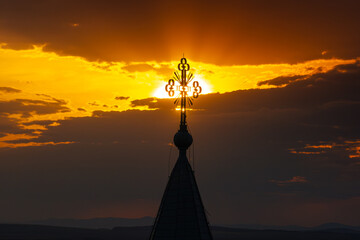 Orthodox church in sunset light. Amazing aerial view during sunset over a landmark orthodox church...