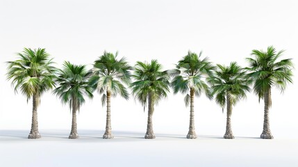 Palm trees in a row on a white background. 3D rendering