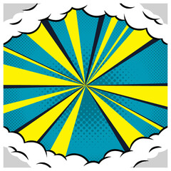 Comic book halftone and clouds, comic radial background, vintage retro rays background