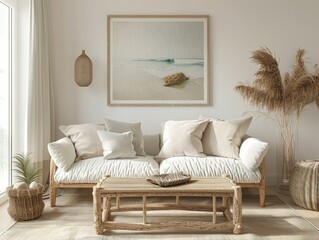 A serene coastal style living room featuring natural textures and a neutral color palette with tropical plant decor.