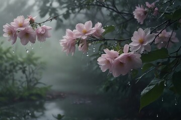 Misty Rainy Day: Serene Beauty of Water Droplets and Petals"
