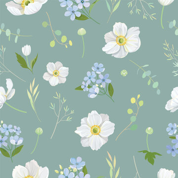 Japanese Anemone and Tweedia  flower seamless on elegance green background for fashion, fabric prints. Vector texture.