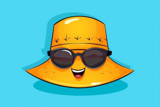 Cute cartoon summer hat character wearing sunglasses and smiling.