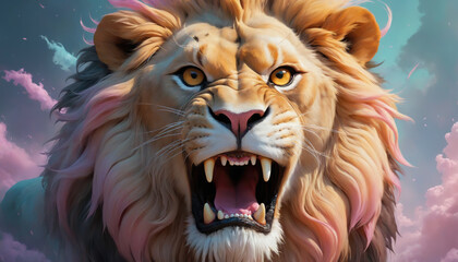 Fantasy Illustration of a wild animal lion. Digital art style wallpaper background.