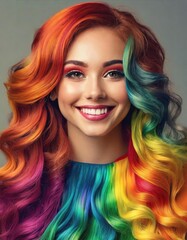 Fototapeta premium hair styled in cascading waves, each strand dyed in gradient rainbow shades, smiling beautiful woman 
