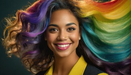 Obraz premium hair styled in cascading waves, each strand dyed in gradient rainbow shades, smiling beautiful woman 