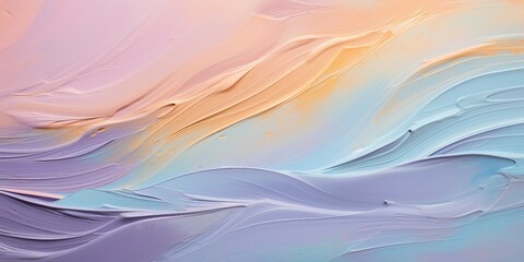 立体的な油絵・抽象背景横長バナー）薄紫・水色・オレンジ・ピンクのカーブ