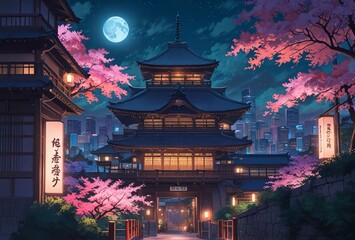 Tokyo Nights: Japanese Architecture and Anime Fusion in a Modern Cityscape