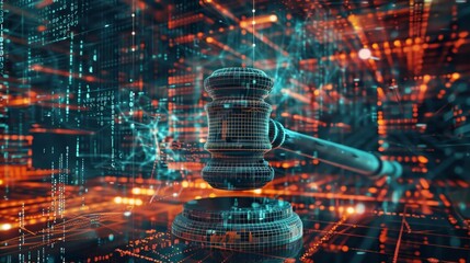 Digital justice concept with gavel and cyber data