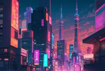 "Neon Tokyo: A Vibrant Evening in the Anime-Inspired Metropolis"
