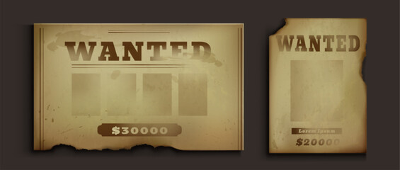 Old western poster with wanted sign, reward and empty frame. Realistic vector illustration set of vintage brown grunge paper templates. Ancient torn parchment for to search for wild west bandit.
