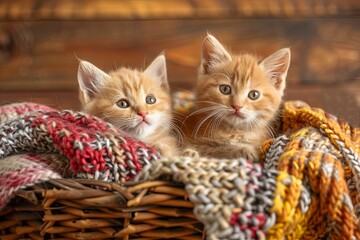 Two cute kittens are comfortably seated in a basket snuggled under a warm knitted blanket. Generative AI