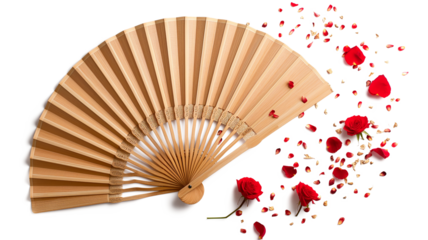Paper fan Sprinkle With Red Roses Chinese Blow Japanese fans wood blower ancient paper isolated on a transparent background