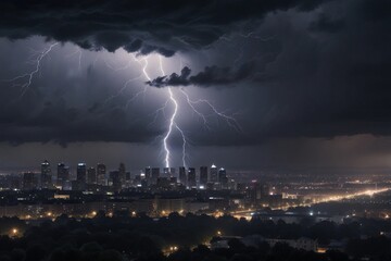 Stormy Skies Over City: Dramatic Lightning Strikes and Eerie Glow
