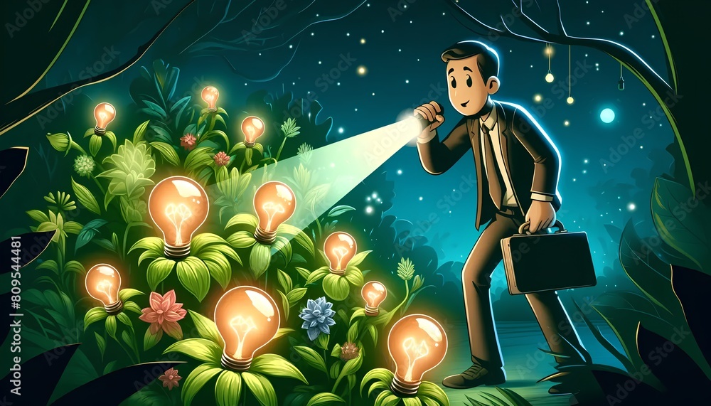Poster a person surrounded by bright light bulbs, looking intently at a computer screen, symbolizing the qu