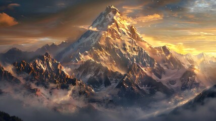  A rugged mountain peak piercing through layers of mist, with the first light of dawn painting its rocky slopes in warm hues. . 
