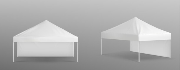 Tent mockup for exhibition event. Realistic 3d vector illustration set of white marquee canopy for product presentation front and side view. Garden gazebo for summer festival. Square pavilion template © klyaksun