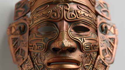 Design a ceremonial mask from the Copper Age, incorporating intricate copper designs and symbols , super realistic