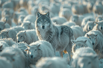 Fototapeta premium A wolf among a flock of white sheep, raising head as a leader. Being different and unique with its own identity and special skills among the others