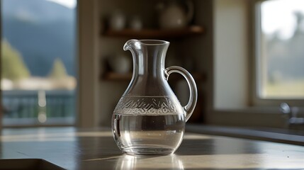  A shiny jug of crystal-clear water sitting on a sunlit kitchen countertop 