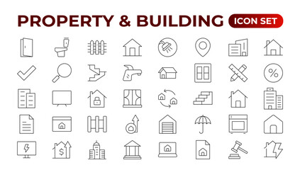 Obraz premium Set of line icons related to real estate, property, buying, renting, house, home. Outline icon collection. Vector illustration.Real estate Big UI set in a flat design. Thin outline pack.