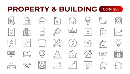 Set of line icons related to real estate, property, buying, renting, house, home. Outline icon collection. Vector illustration.Real estate Big UI set in a flat design. Thin outline pack.