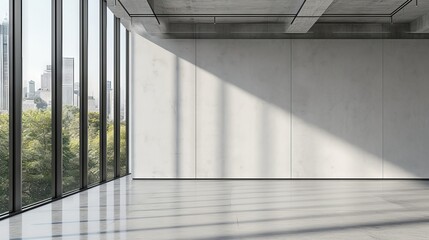 Spacious modern office with blank white wall and large windows for natural light - Ideal for business mockups, 3d rendered interior design