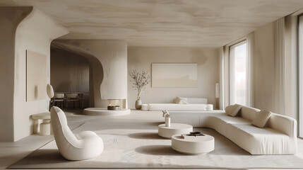 Fototapeta premium modern interior, minimalist living room with white furniture, artistic wall decor, dining area in the background, and large windows for natural light