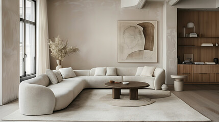  minimalist interior design, living room with curved sofa and coffee table, beige tones, large abstract painting, wooden cabinets, white rug, natural light from window, soft shadows