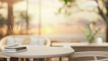 A minimalist wooden table with a blurred background of a beautiful beach lounge.