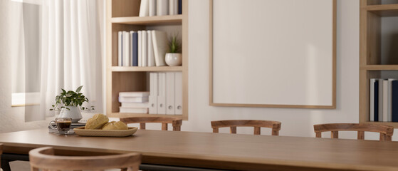 A display space for showcase products on a wooden dining table in a cozy contemporary dining room.