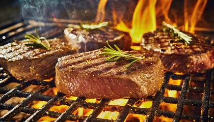 Grilling beef steaks on barbecue grill with flames, close up 