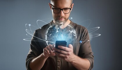  Man Interacting with Global Network Interface via Smartphone
