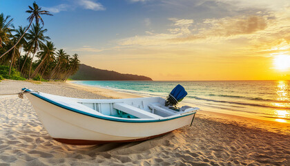 Boat on tropical beach at sunset