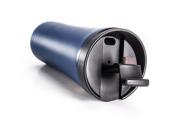 Modern thermos for drinks isolated on white background