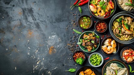 Various of asian meals on rustic background top view place for text, Asian food concept copy space on left