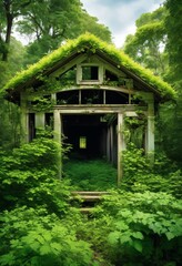 illustration, overgrown abandoned structures taken back lush greenery wildlife natural harmony, decay, ruins, dense, foliage, plants, animals, nature, reclaimed, deserted