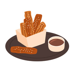 Churros with hot chocolate and powdered sugar