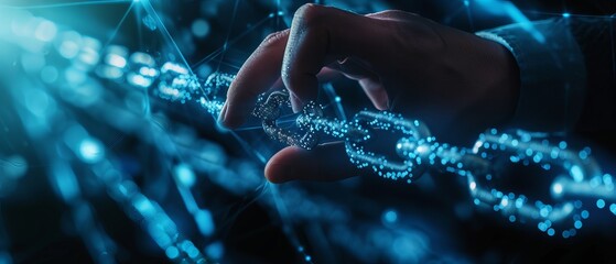 Business executive interacting with advanced blockchain interface - Global data connectivity and cybersecurity visualization