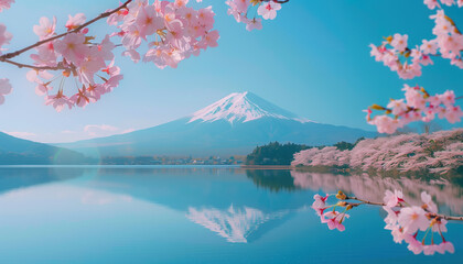 Pink cherry blossom in full bloom in front of Mount Fuji with a lake