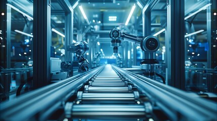 Obraz premium An industrial scene depicting the automated process of manufacturing nuclear fuel pellets, featuring robotic arms and conveyor belts in a hightech facility