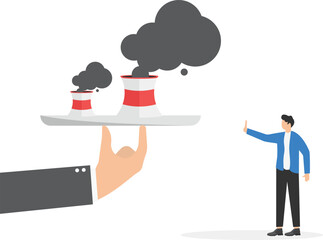 Businessman against stop pollution factory, Sustaining the environment, Care of Plants on Earth with Factory Pipes Emitting Smoke

