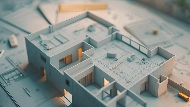 3D architectural blueprint come to life with floating components assembling