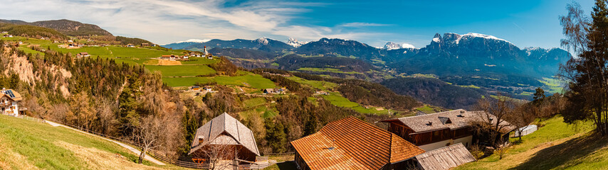 High resolution stitched alpine spring panorama near Klobenstein, Ritten, Eisacktal valley, South...