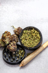 Black Marijuana grinder with ground buds and whole buds with slight purple color. Next to it is a rolled joint with unbleached paper. Light grey background and copy space

