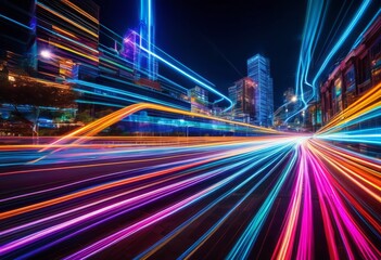 illustration, vibrant traffic lights trails illuminating night streets, long, exposure, illuminated, city, urban, motion, blur, colorful, streak, fast, car