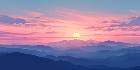 Obraz premium Ambient background, sunrise sunset beautiful backdrop wide panorama, soft color graphic design digital art illustration, generated ai