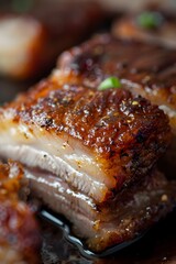 Mouthwatering Crispy Pork Belly with Glistening Sauce Droplet in Close Up